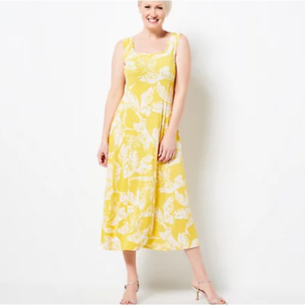 Susan Graver - Regular Liquid Knit Sleeveless Midi Dress - Gold Palm SZ L